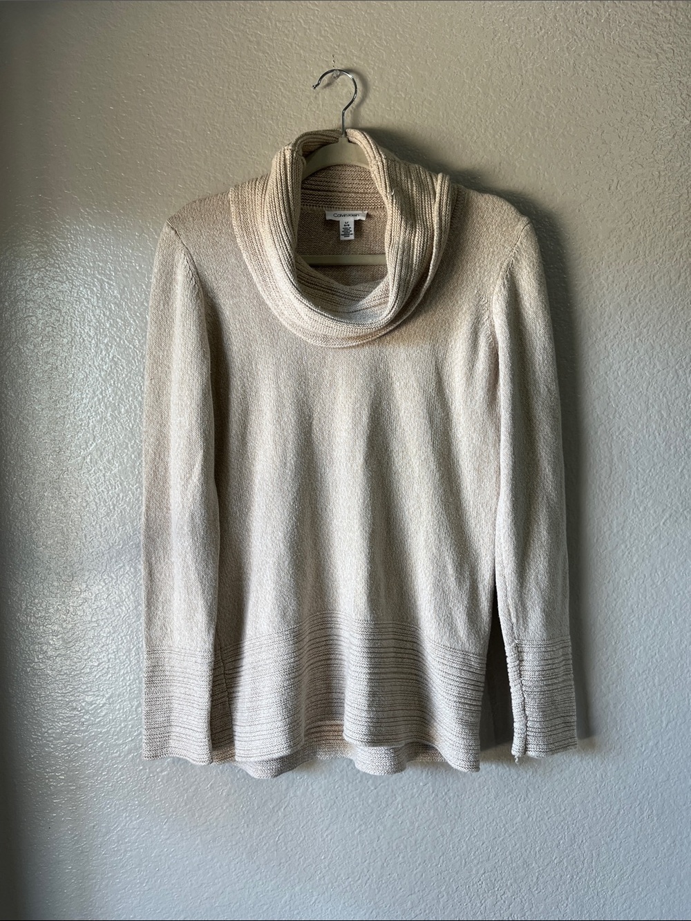 Calvin Klein Cream Cowl Neck Sweater Sz L Comfy Office Casual Bohemian knit